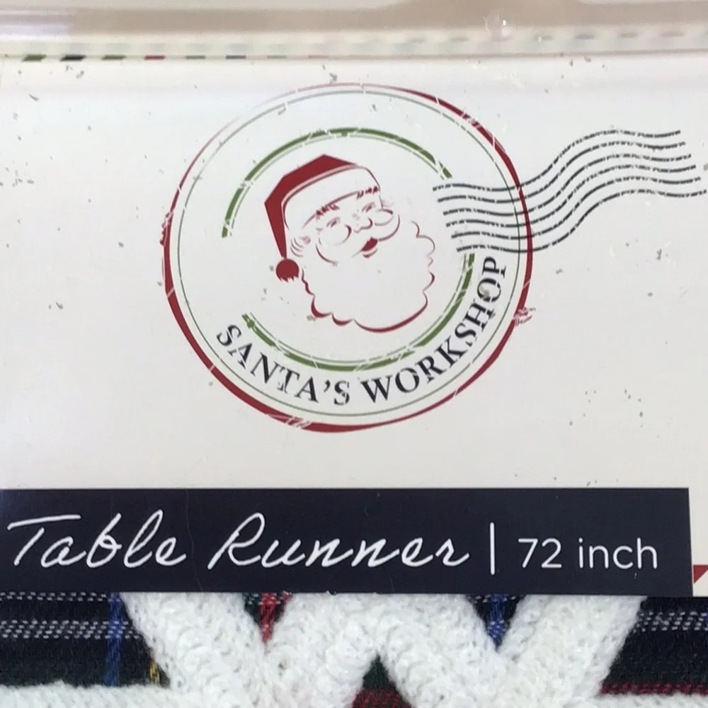 Santa’s Workshop Plaid Embroidered White Snowflake Applique Table Runner 72” NWT